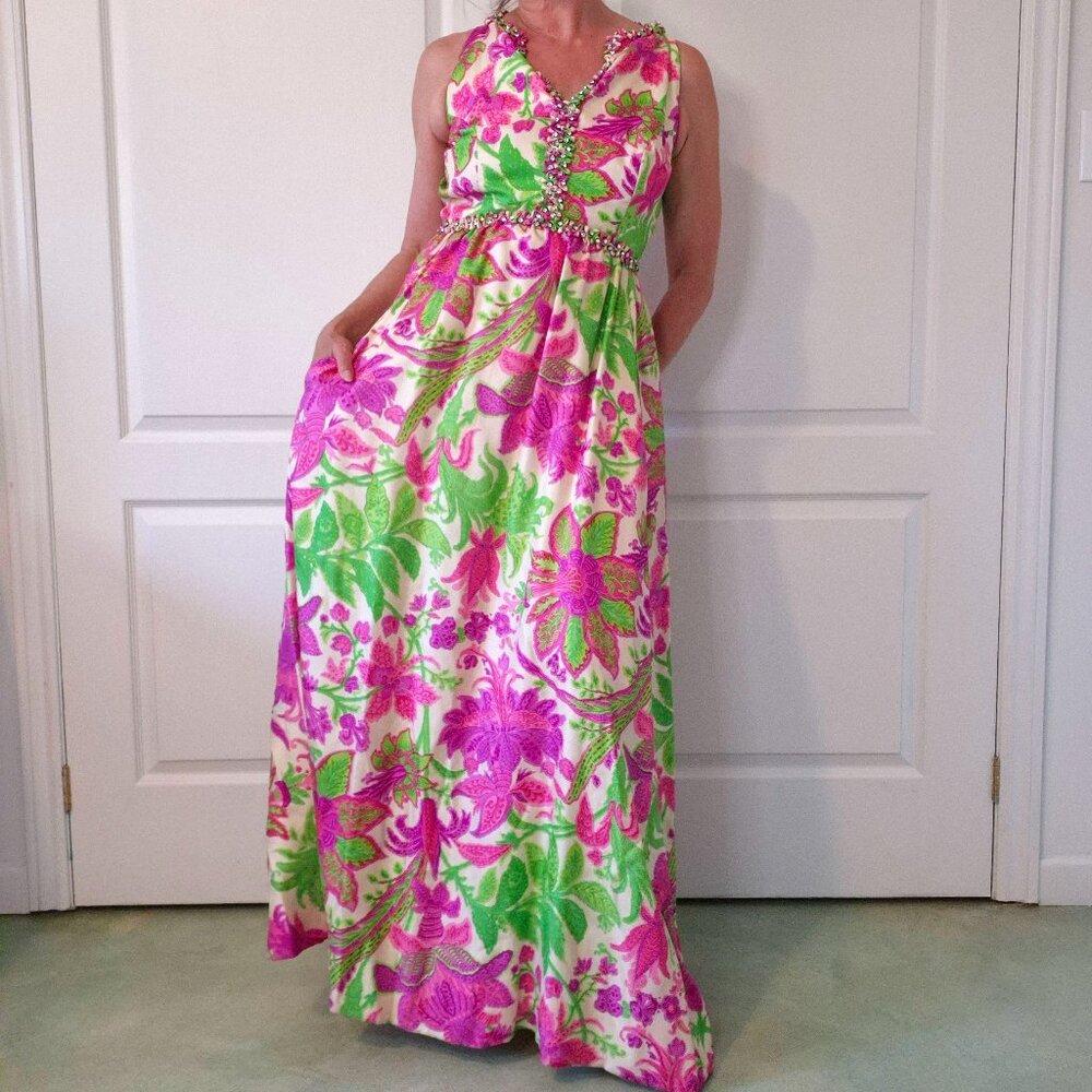 Rare Vintage 60s Malcolm Starr Silk Evening Gown | Rhinestone Detail | M–L